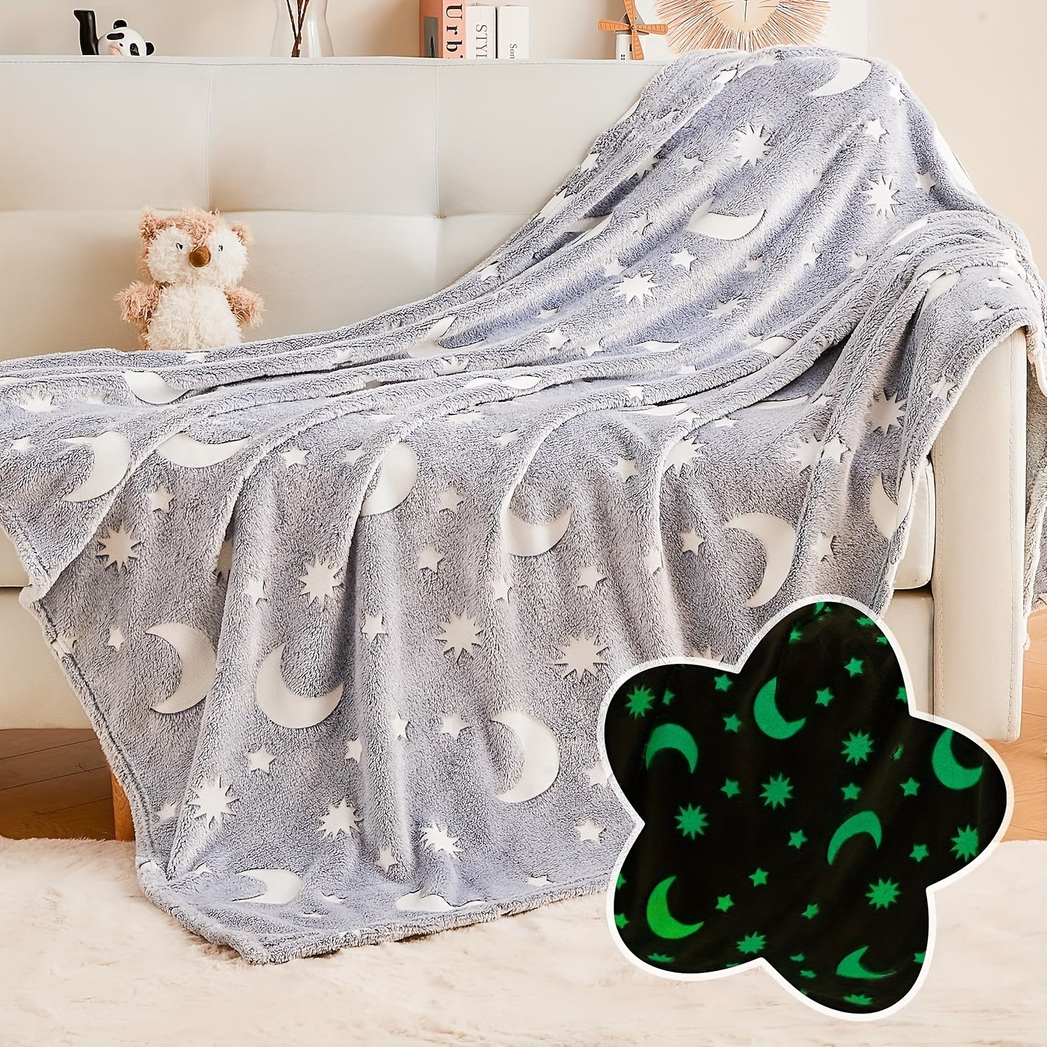 Glow-in-the-Dark Star and Moon Throw Blanket Soft Hypoallergenic Cozy for Bedroom Living Room