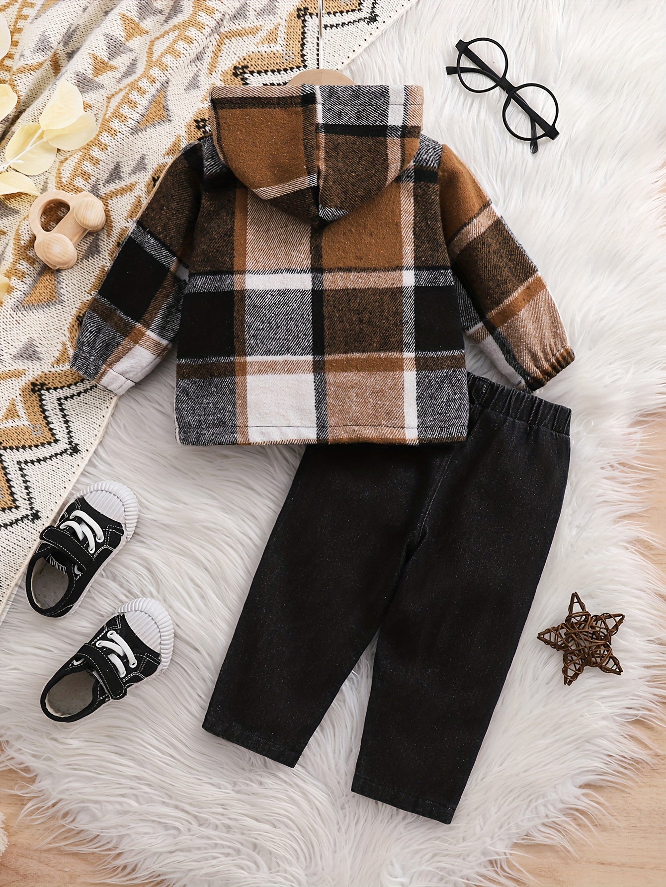 Baby Boy Plaid Hooded Shirt and Casual Jeans Set for Toddler Fall Spring