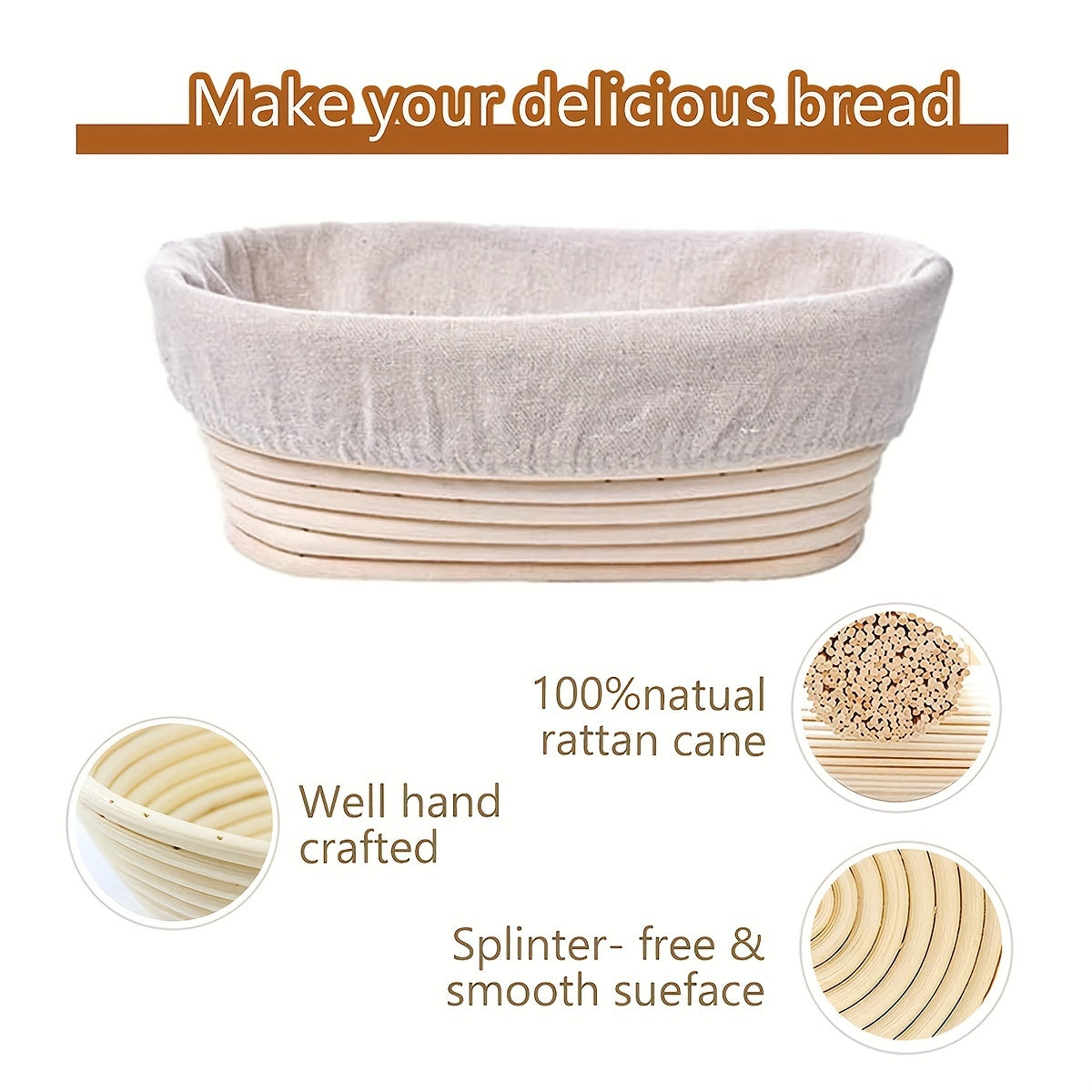 Bread Proofing Basket Set with Linen Cloth for Fermentation, Rattan, Round and Oval