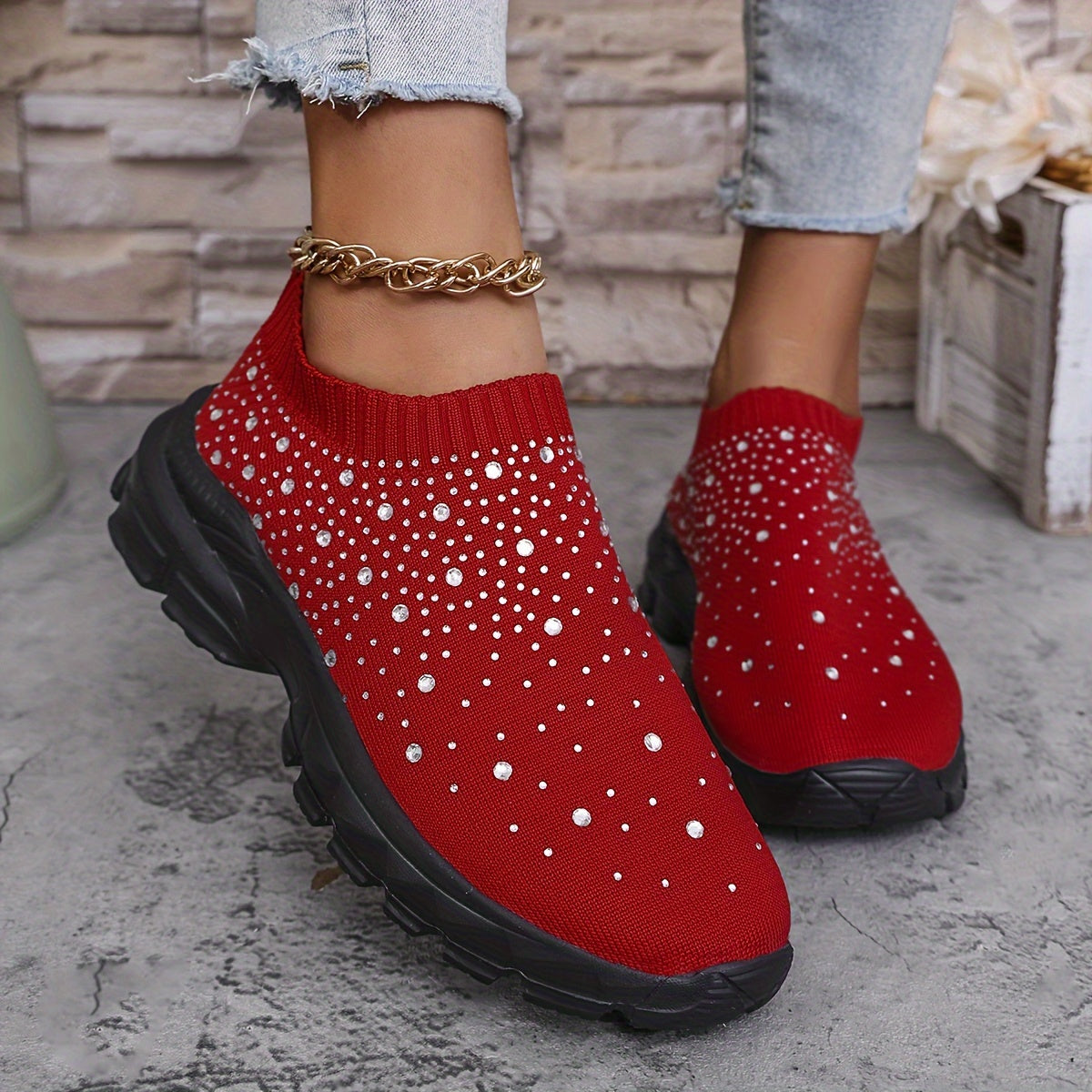 Women's Slip-On Sneakers with Rhinestone Embellishments Fabric Upper EVA Sole