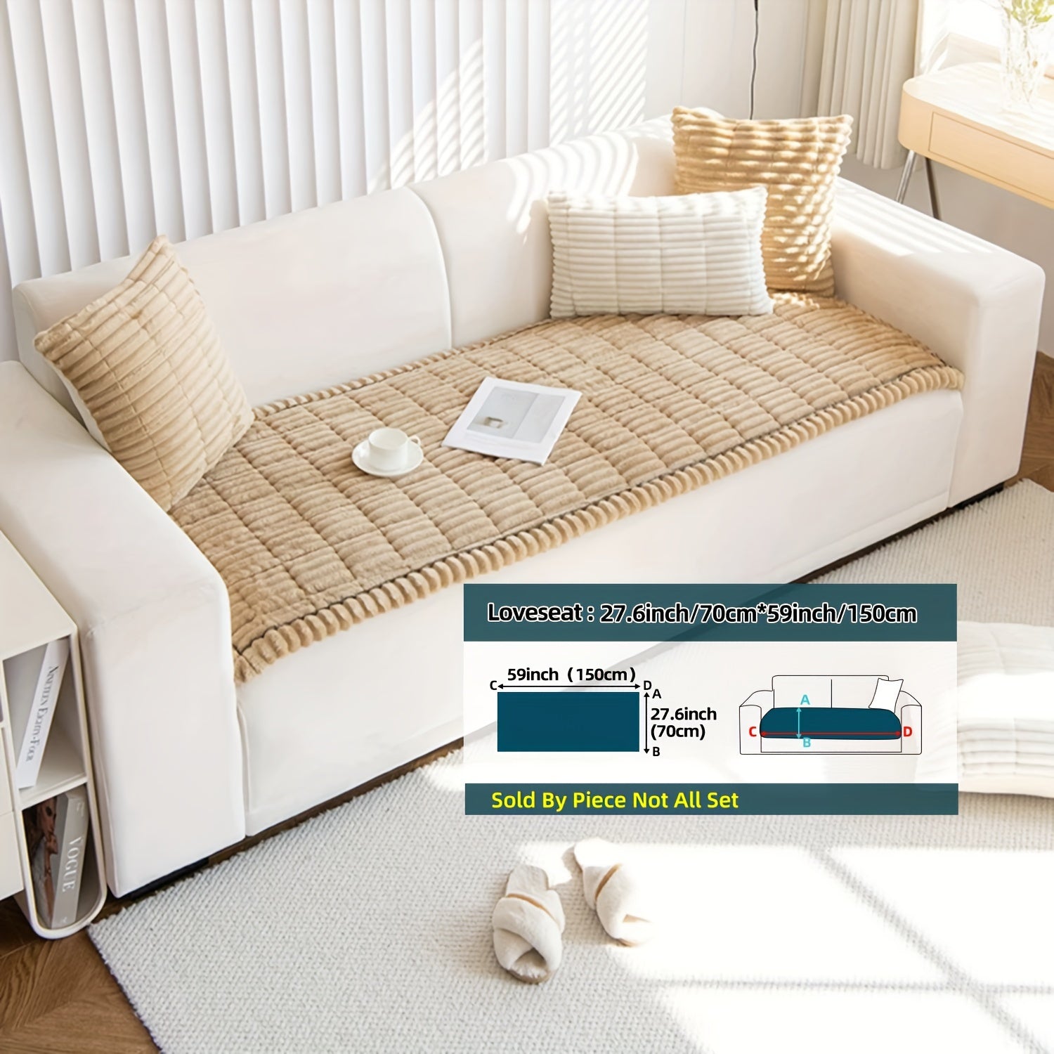 Boho Style Quilted Short Plush Sofa Cover with Ruffle Design Non-Slip Pet Friendly Machine Washable