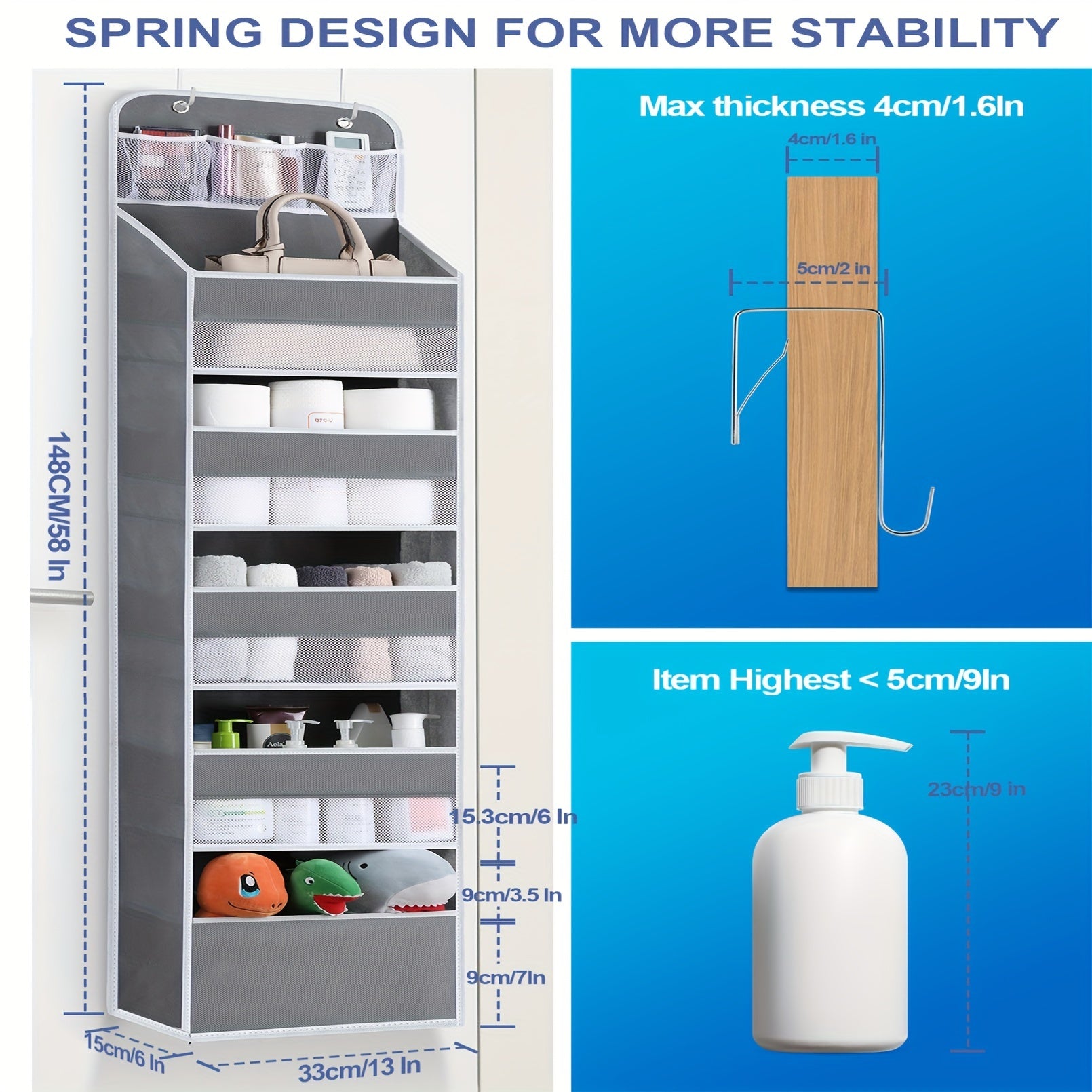 Over-the-Door Organizer with 6 Shelves and 8 Large Pockets for Pantry Bathroom Bedroom Kitchen Dorm