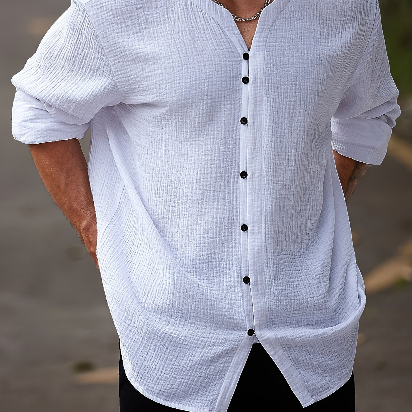 Men's Cotton Casual Shirt Large Crew Neck Solid Color Spring Fall