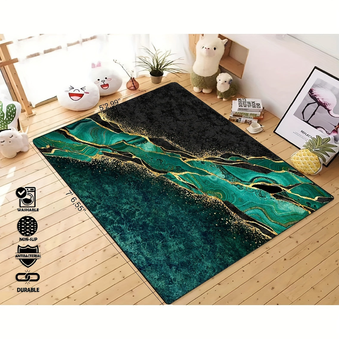 Green Abstract Area Rug Non-Slip Stain Resistant Machine Washable Polyester Floor Mat for Living Room Kitchen