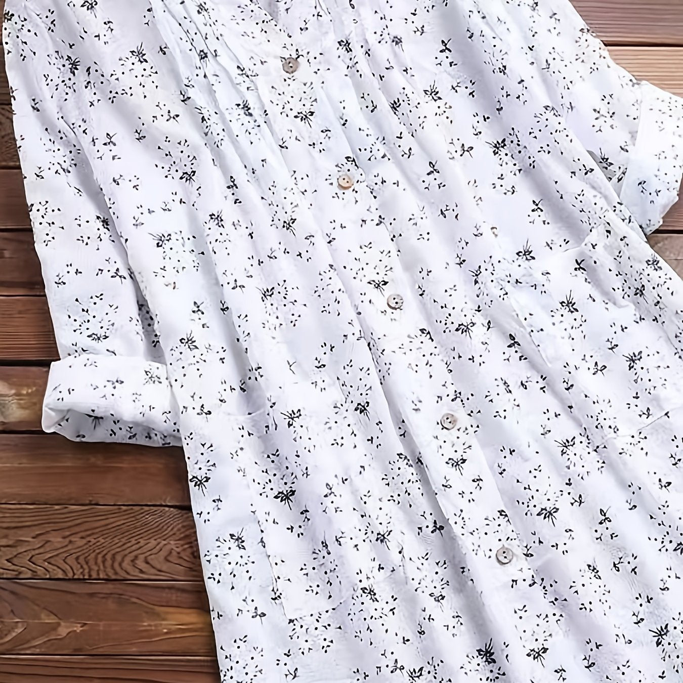 Plus Size Floral Print Blouse Long Sleeve Button-Up Stand Collar Fall Spring