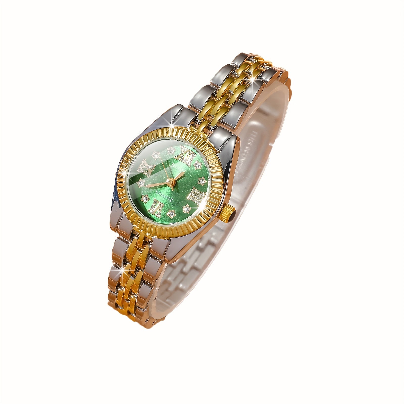 Women's Watch with Aurora Shell Diamonds Roman Dial Gold Steel Quartz Strap