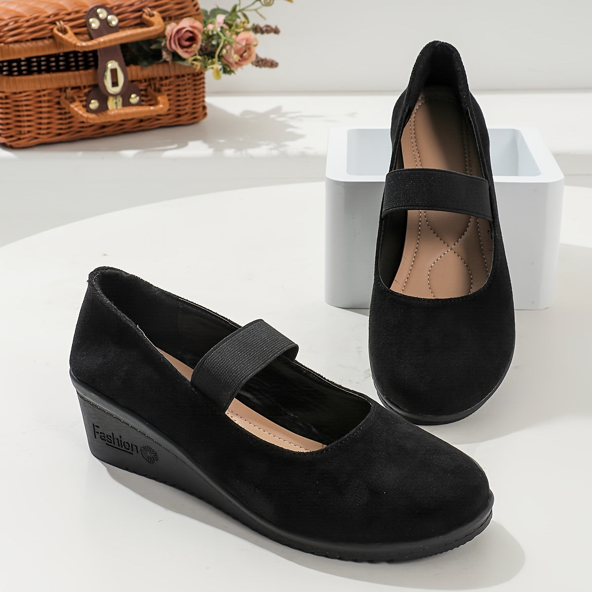 Women’s Faux Leather Thick-Heel Slip-On Wedge Platform Shoes with Back Strap