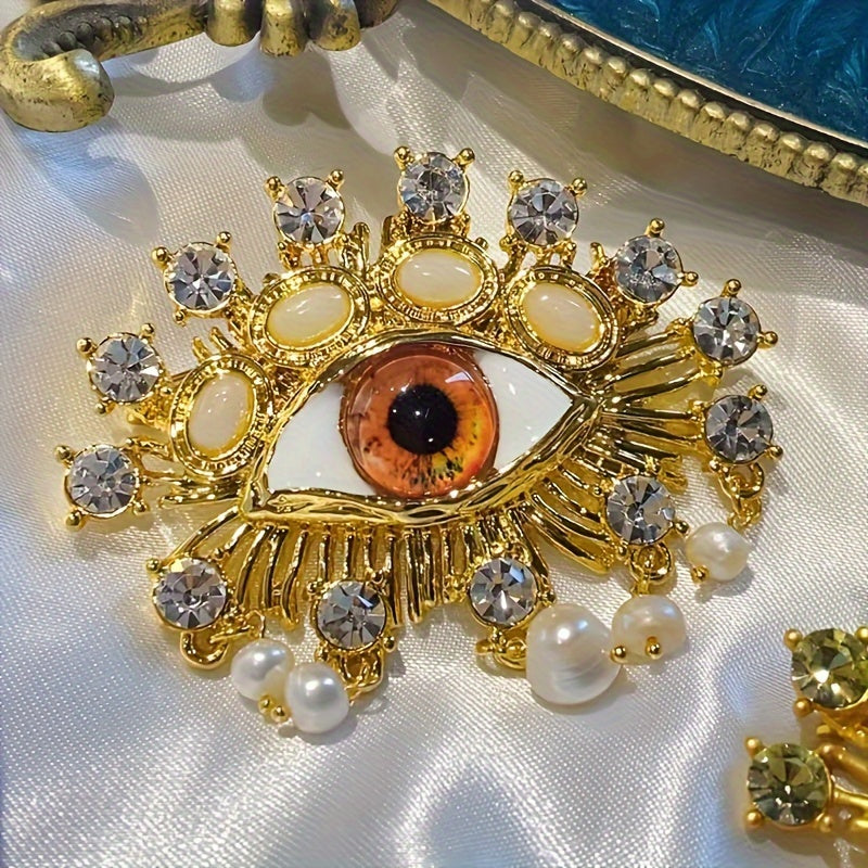 Evil Eye Brooch with Imitation Pearl and Crystal Details Vintage Tassel Jewelry
