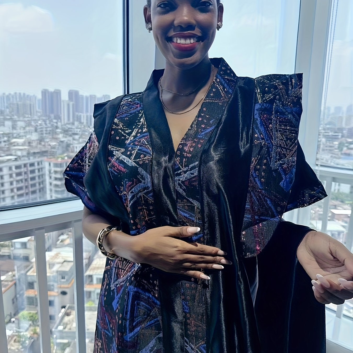 Plus Size V-Neck Jacquard Robe Traditional African Style All Seasons