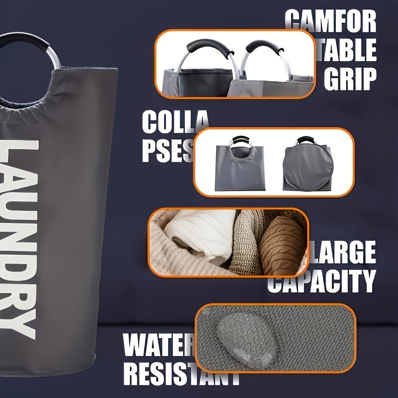 Gran cesta de ropa plegable impermeable con asas acolchadas negra ovalada