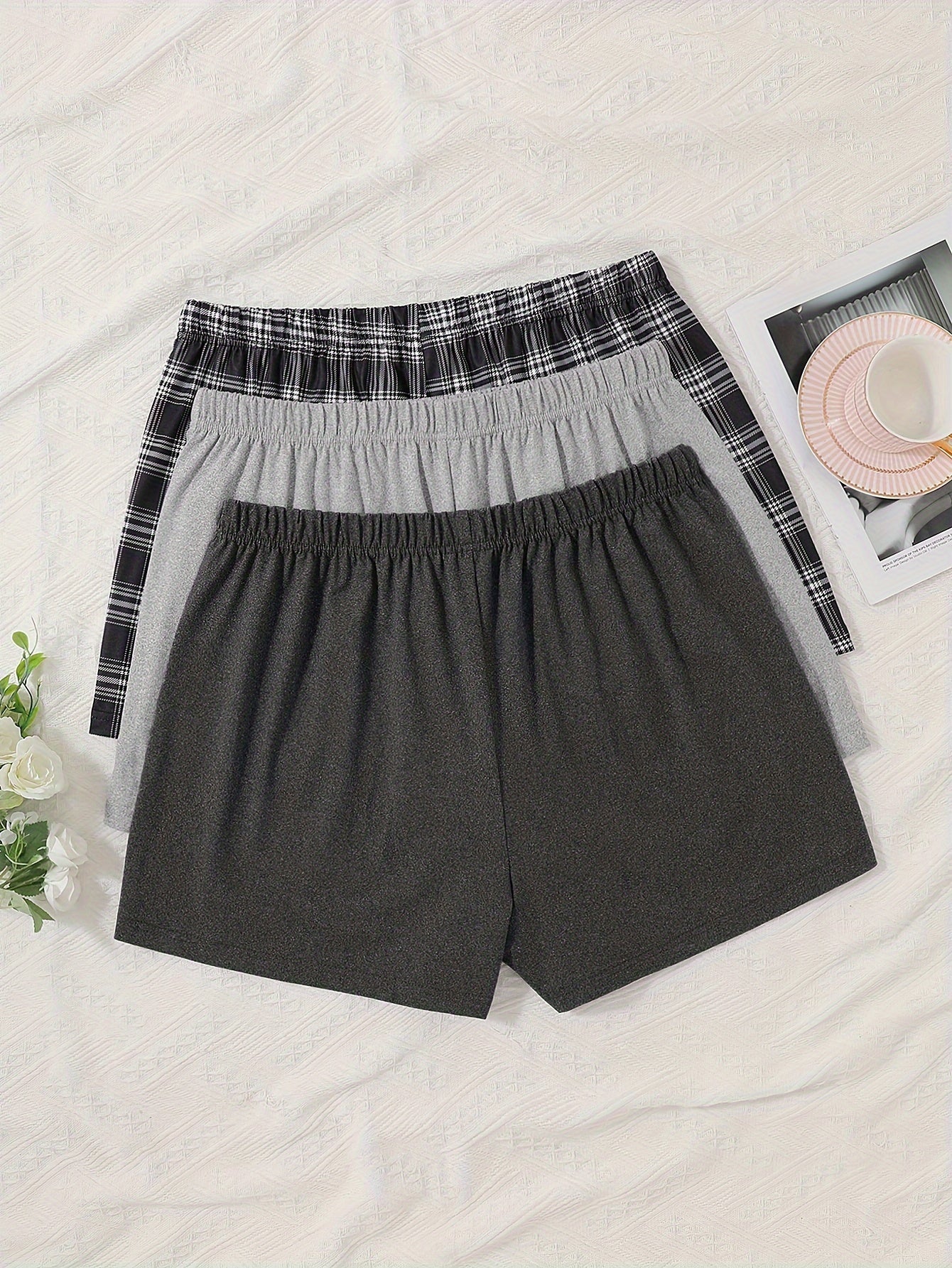 Women's Plus Size Lounge Sleep Shorts with Plaid and Letter Print