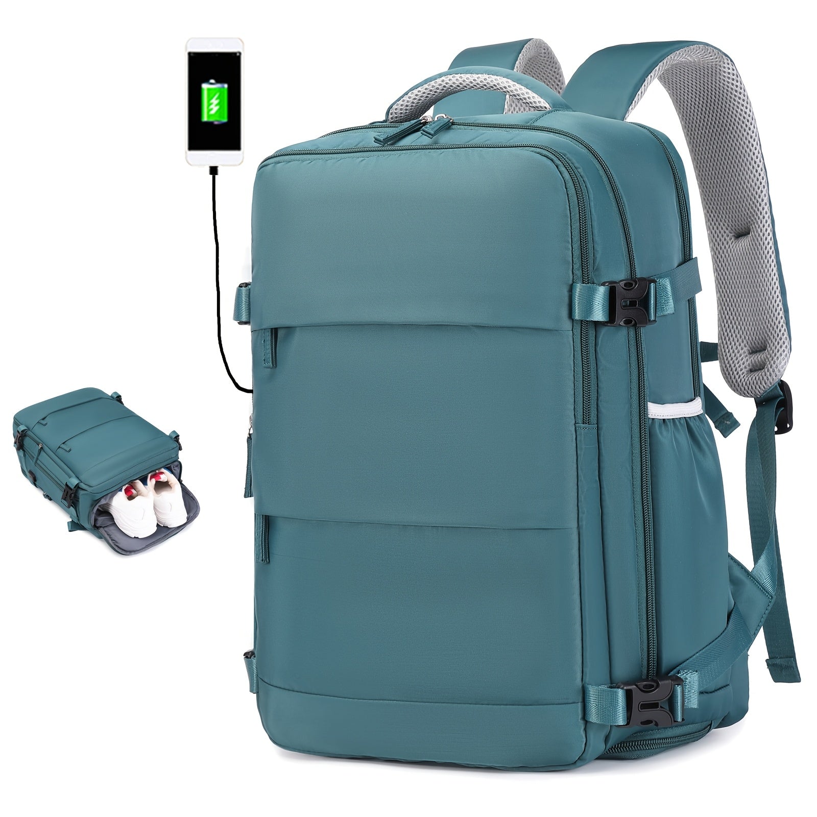 Ayollar uchun sayohat backpacki, poyabzal bo'limi bilan, noutbuk sumkasi, sozlanadigan kamar, zip yopilishi