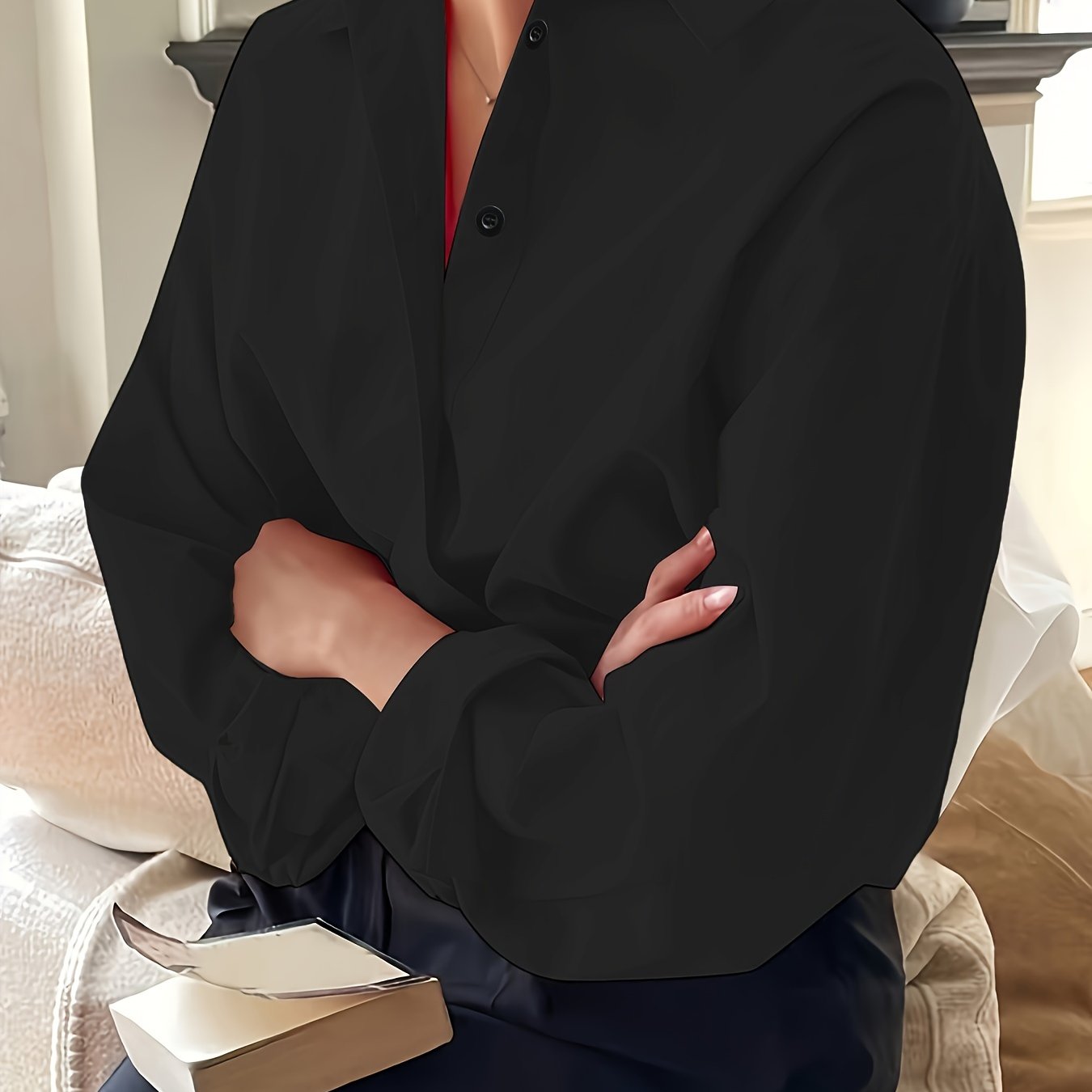 Camisa de manga larga de negocios casual en rosa claro para mujer, poliéster, ropa de oficina para todas las estaciones