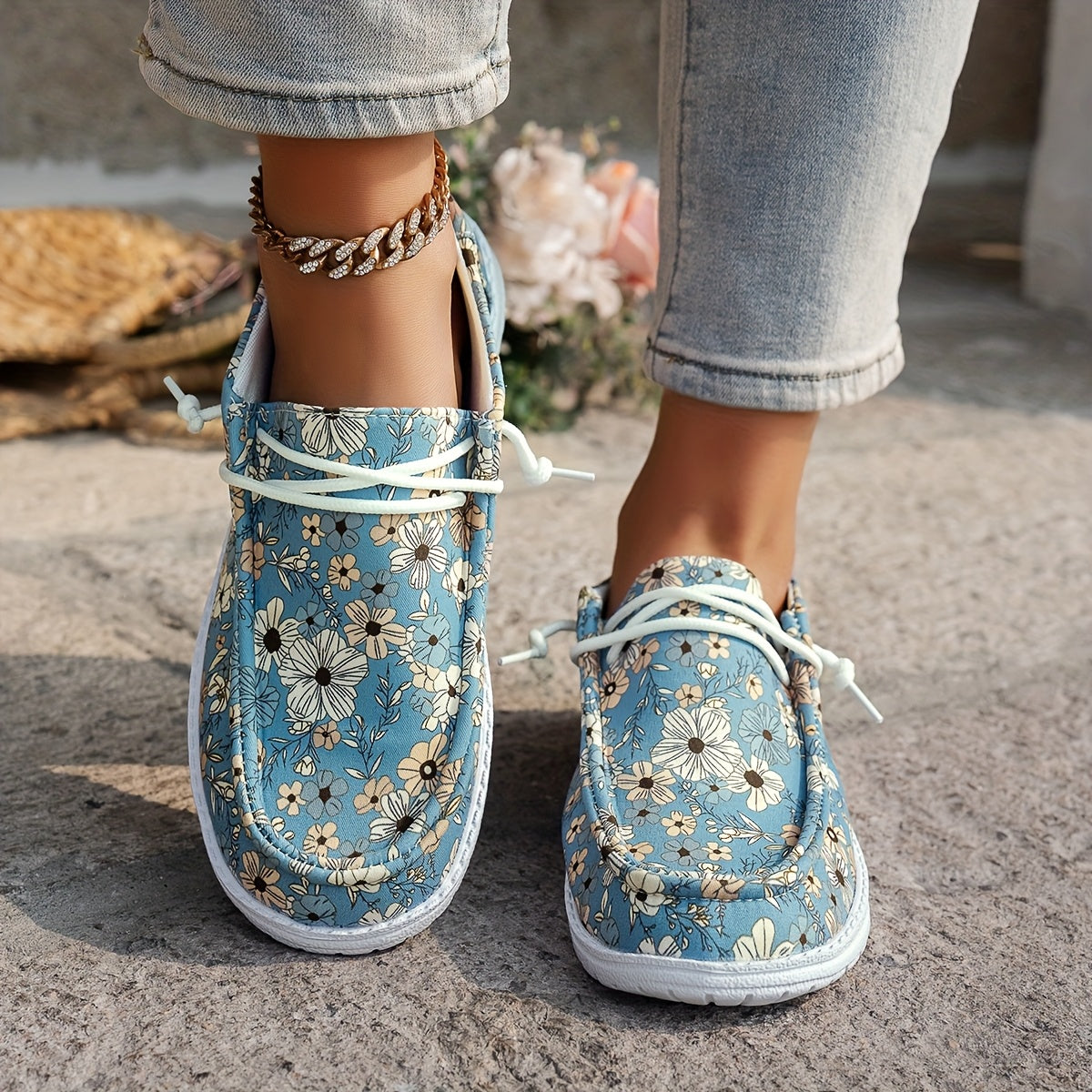 Women's Floral Print Loafers Slip-On Mules with Elastic Laces EVA Sole