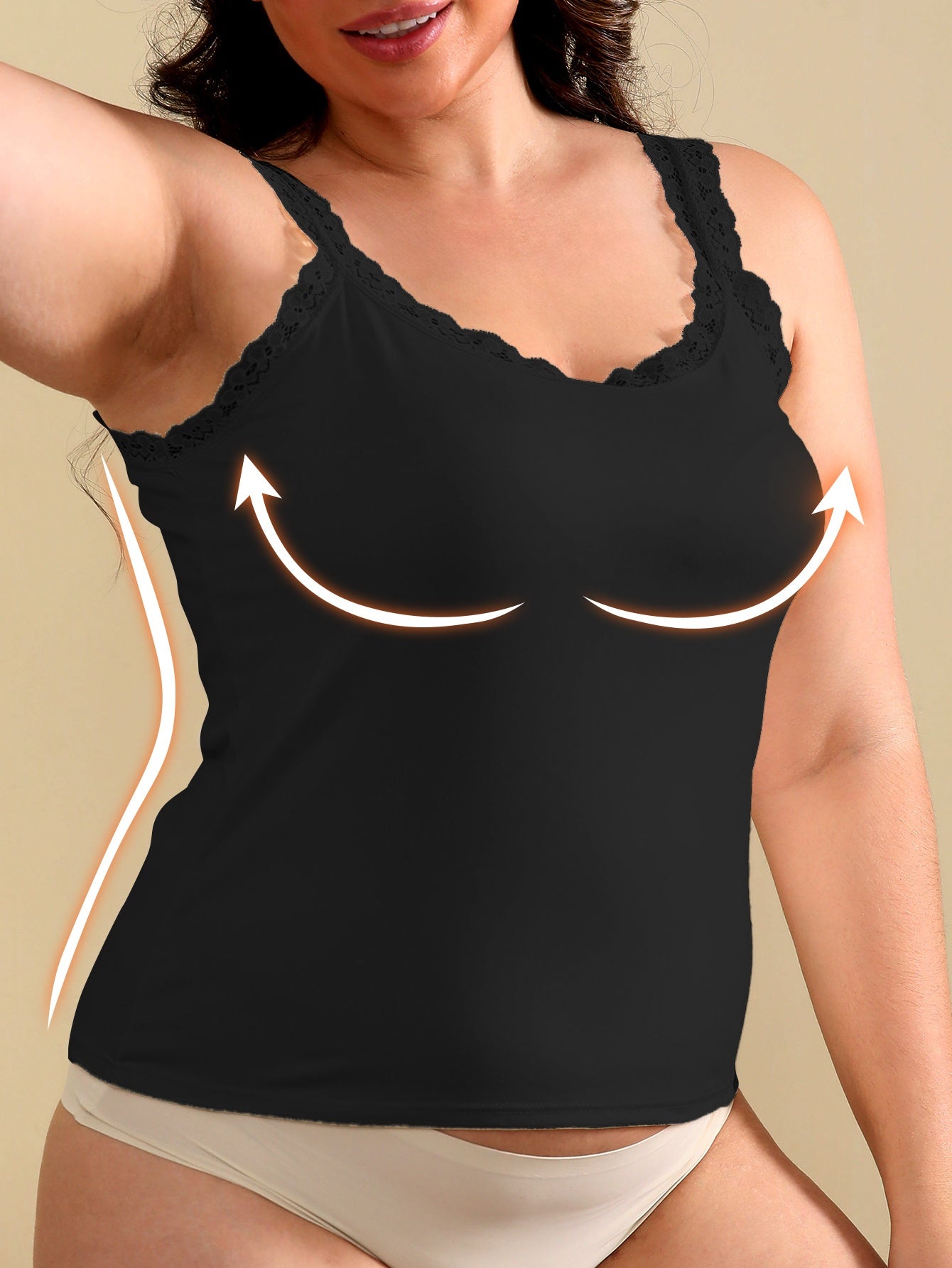 Women's Plus Size Black Sleeveless Tank Top with White Lace Trim