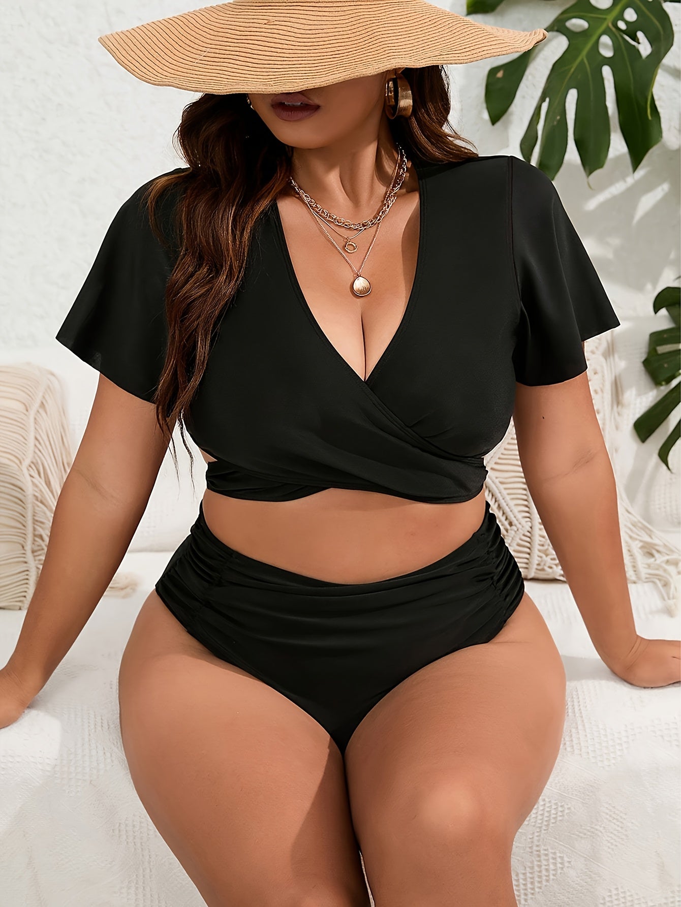 Women's High Waist Solid Color Bikini with Cross Strape and Fly Sleeves Large Size