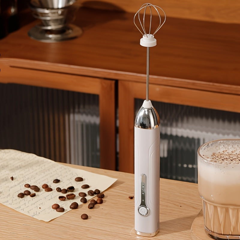 White Handheld Milk Frother with Stainless Steel Whisk and Interchangeable Heads