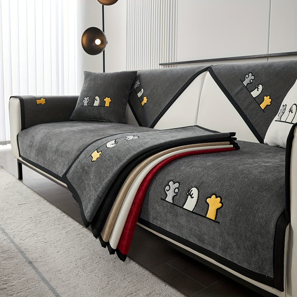 Красный чехол для дивана из шенилла с игривой вышивкой в виде косточек. Удобен для домашних животных, не скользит, можно стирать в машине, идеально подходит для диванов на 1-4 места в гостиной, спальне, офисе.