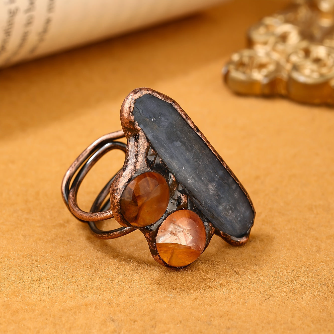 Vintage Bohemian Copper Cuff Ring with Blue Crystal Amber Rock Crystal Adjustable