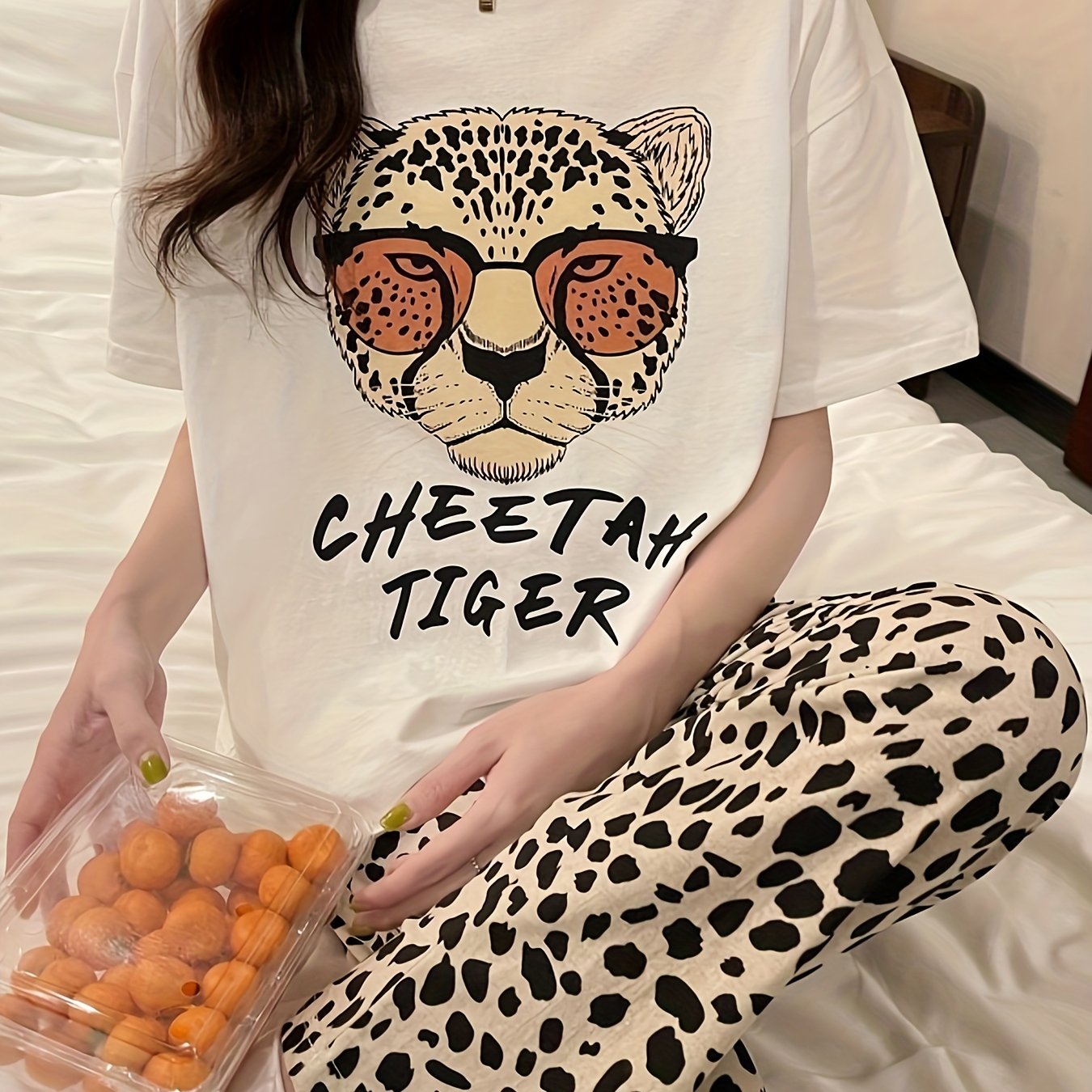 Women’s Leopard Print Pajama Set with Letter Print Short Sleeve Top and Long Pants