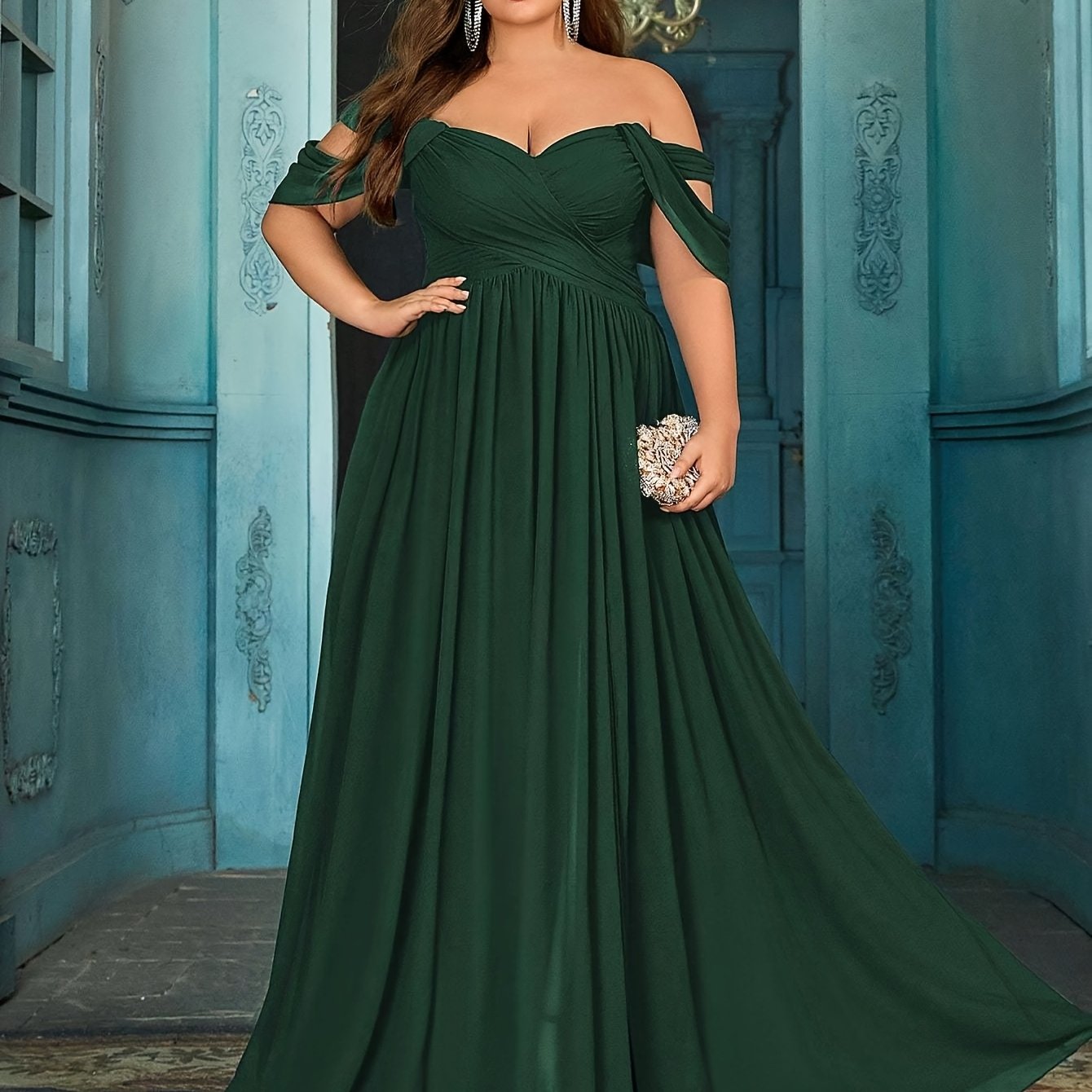 Plus Size Teal Maxi Dress Women Off-Shoulder Ruched A-Line Evening