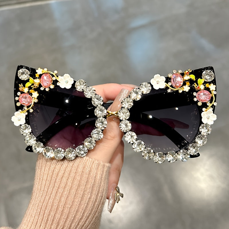Gafas de sol con cristales en forma de gato, con rhinestones y degradado floral para fiestas de disfraces y prom.