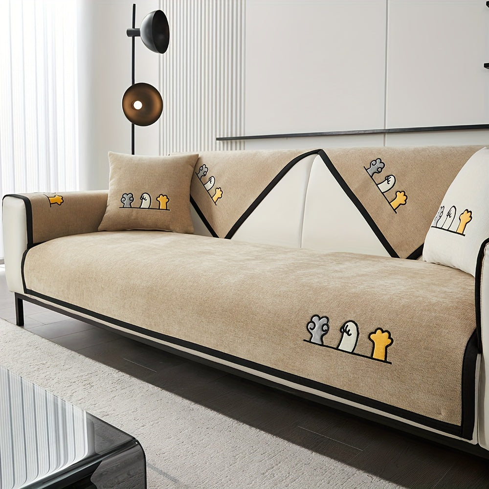 Красный чехол для дивана из шенилла с игривой вышивкой в виде косточек. Удобен для домашних животных, не скользит, можно стирать в машине, идеально подходит для диванов на 1-4 места в гостиной, спальне, офисе.