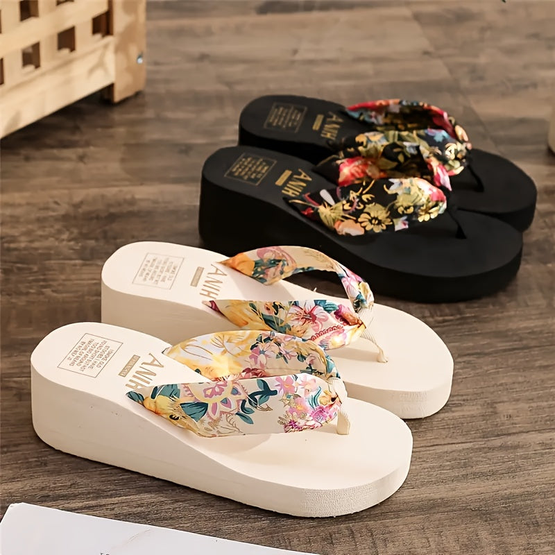 Women's Floral Print Wedge Flip Flops with EVA Sole for Summer Beachwear
