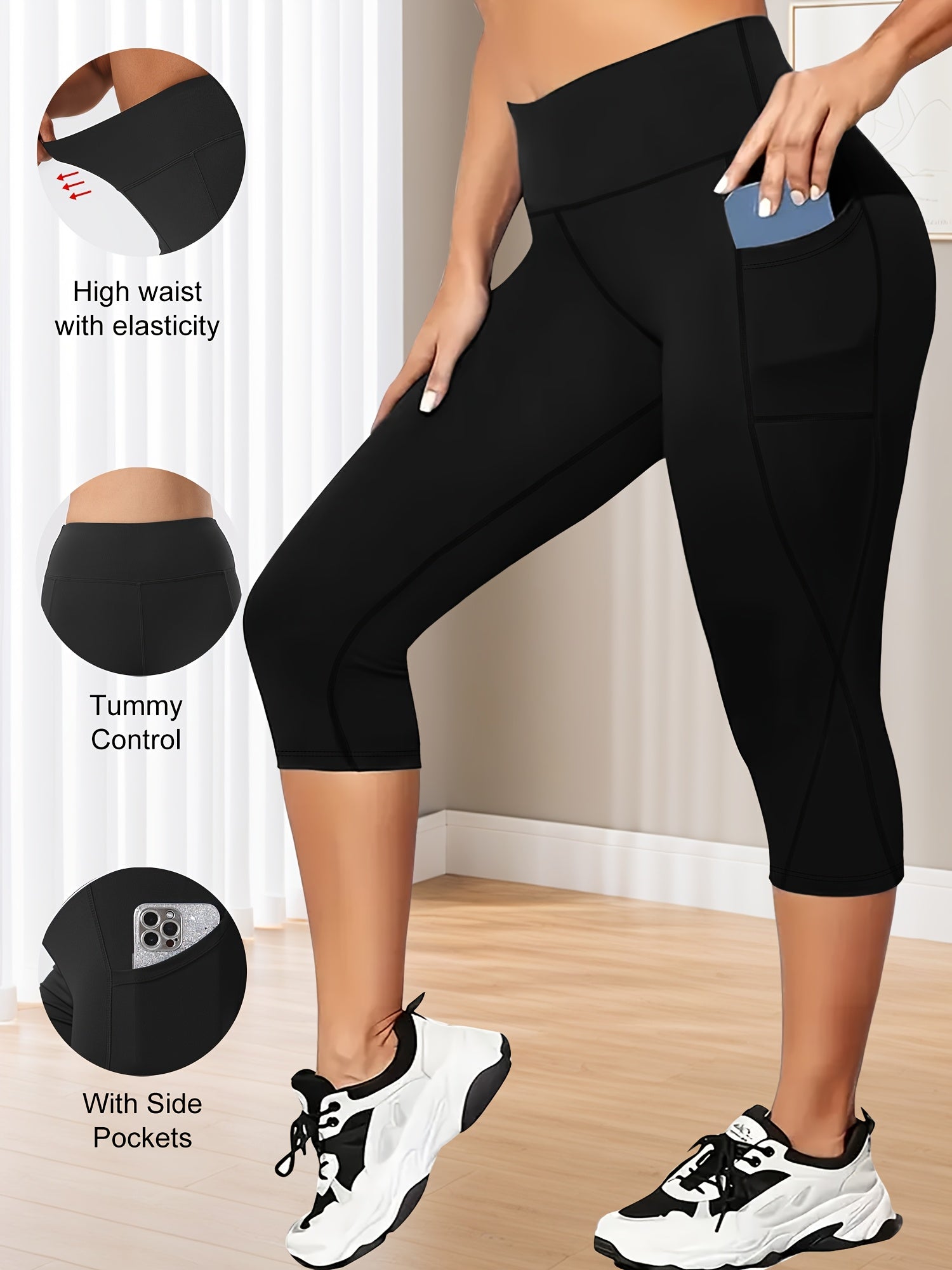 Plus Size Women's Yoga Pants High Waist Pocket Biker Shorts Tummy Control