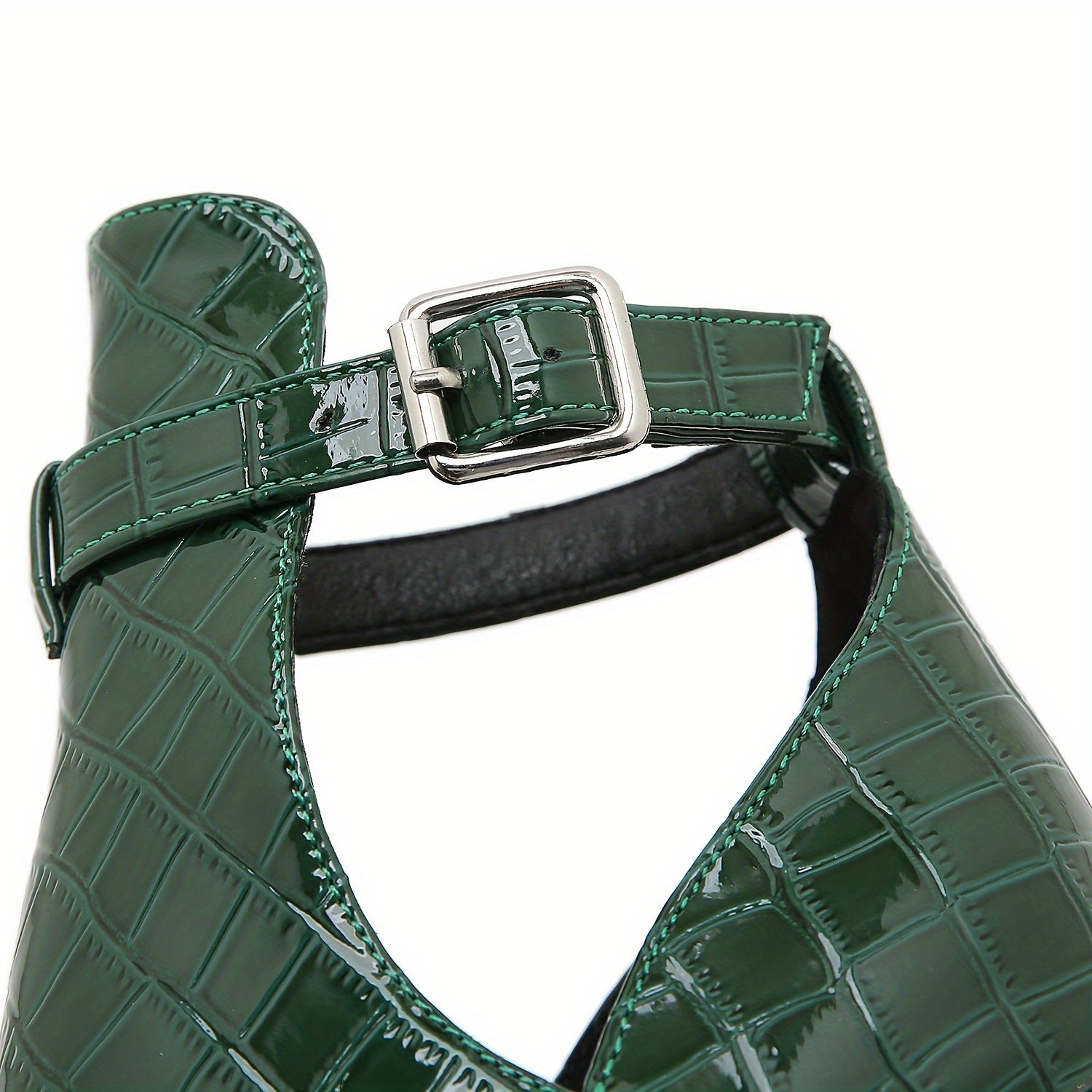 Botines verdes de mujer con patrón de cocodrilo, tacón de aguja y hebilla de cinturón