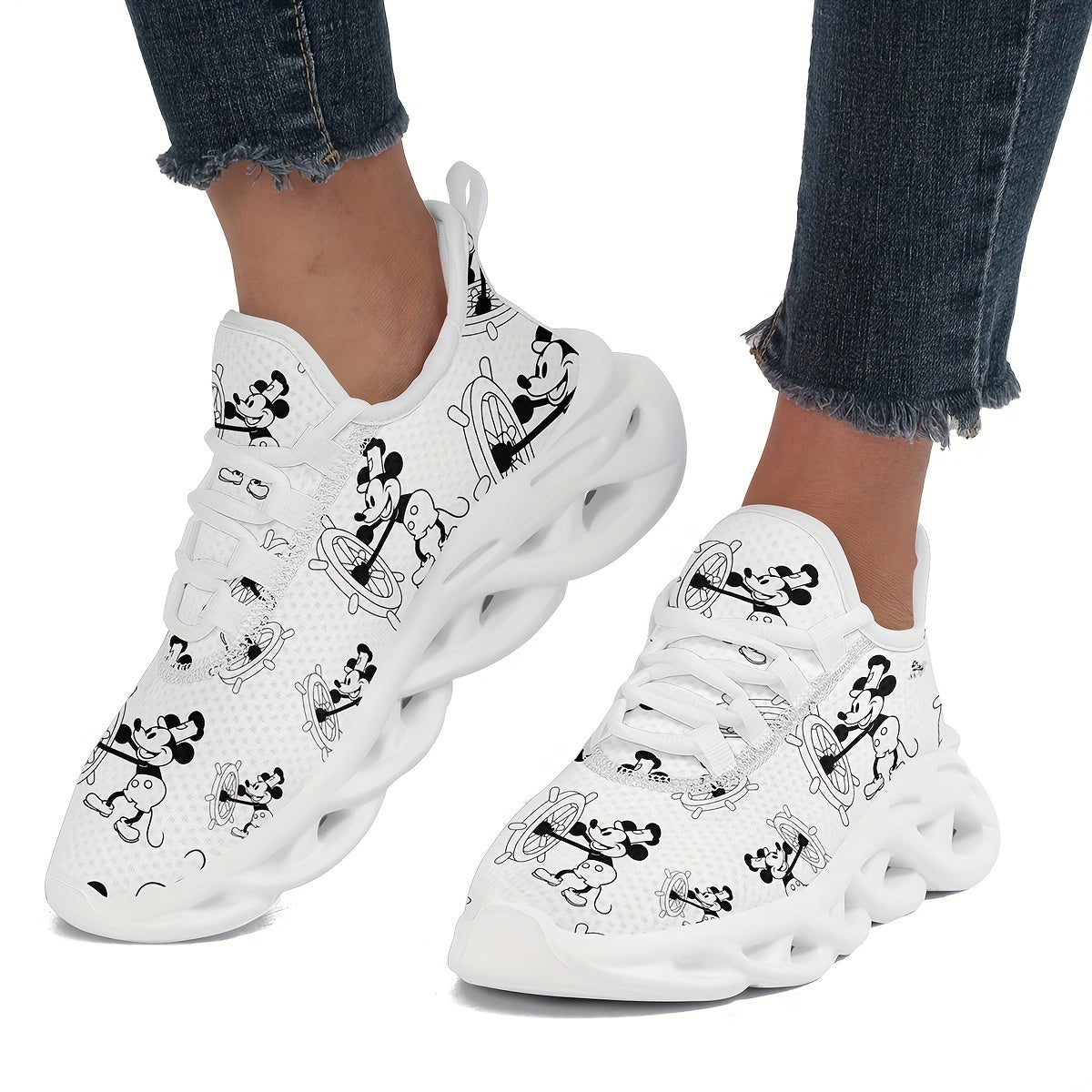 Women’s Breathable Canvas Sneakers with Cartoon Mouse Pattern for Running