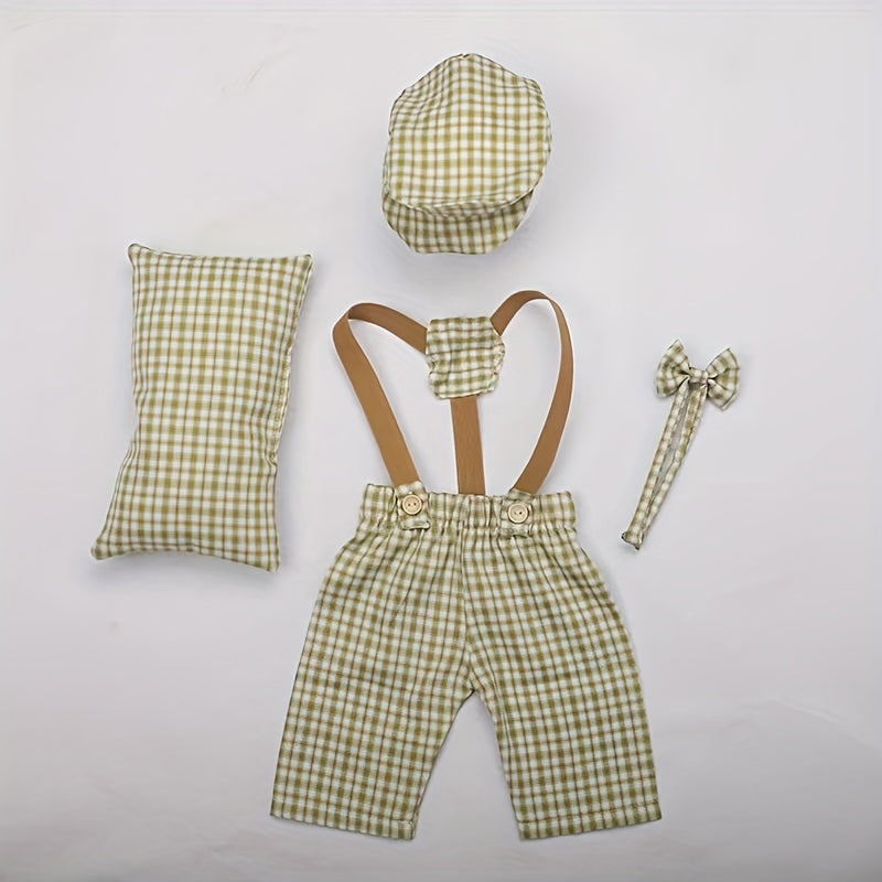 Set of 4 Newborn Baby Photography Props Plaid Costume for Infant Boys Girls Christmas Halloween Thanksgiving