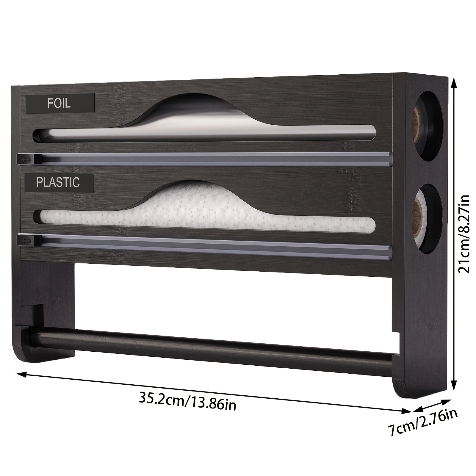 Bamboo 4-in-1 Kitchen Organizer for Foil Plastic Wrap Paper Towels with Cutter