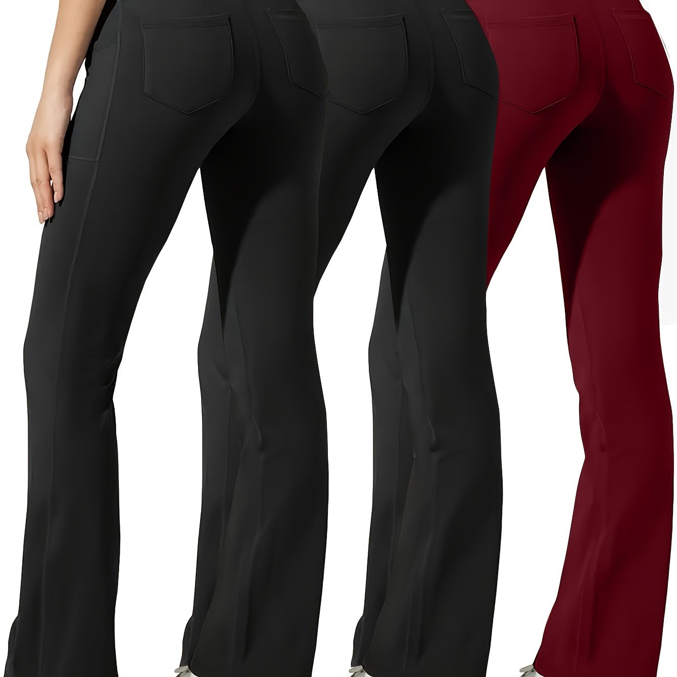 Women Plus Size Flared Yoga Pants With Phone Pockets Black Burgundy Maroon