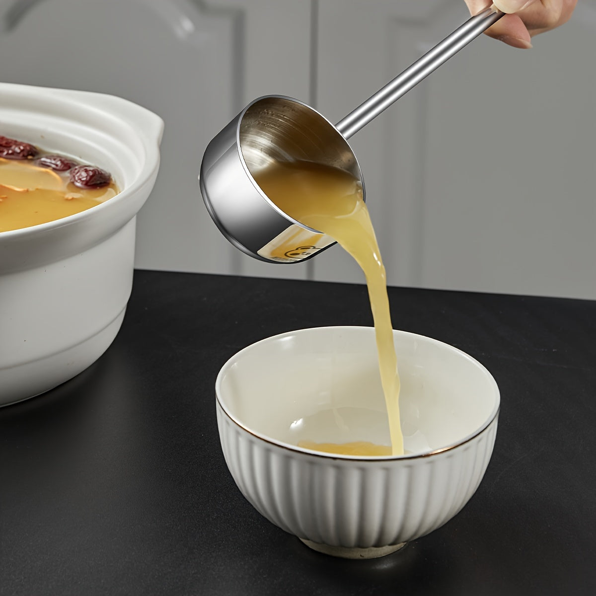 Stainless Steel Long Handle Soup Spoon with Bear Pattern Anti-Scald Oil Splash Guard for Kitchen and Restaurant Use