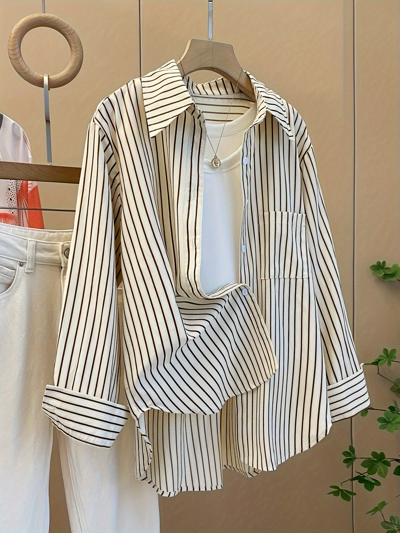 Women's Striped Cotton Blend Blouse with Ruffled Hem and Long Sleeves