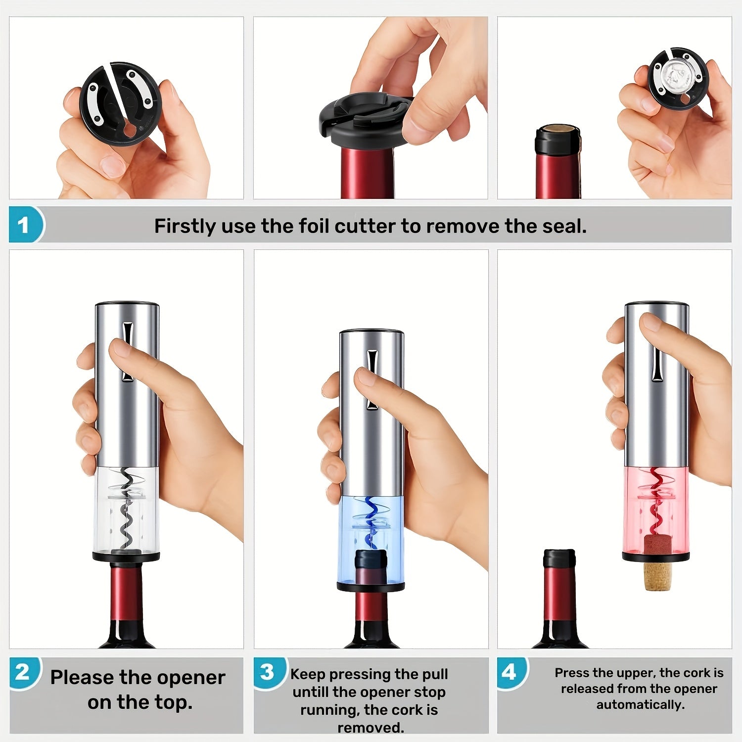 Qalin po'latdan yasalgan elektr taqiladigan shisha ochgich va qog'oz kesgich. TYPE-C qayta to'ldiriladigan dizayn, kuchli va bardoshli. Kichkina va portativ, ishlash uchun ko'rsatma chirog'i bilan. Shisha ochishni osonlashtiradi