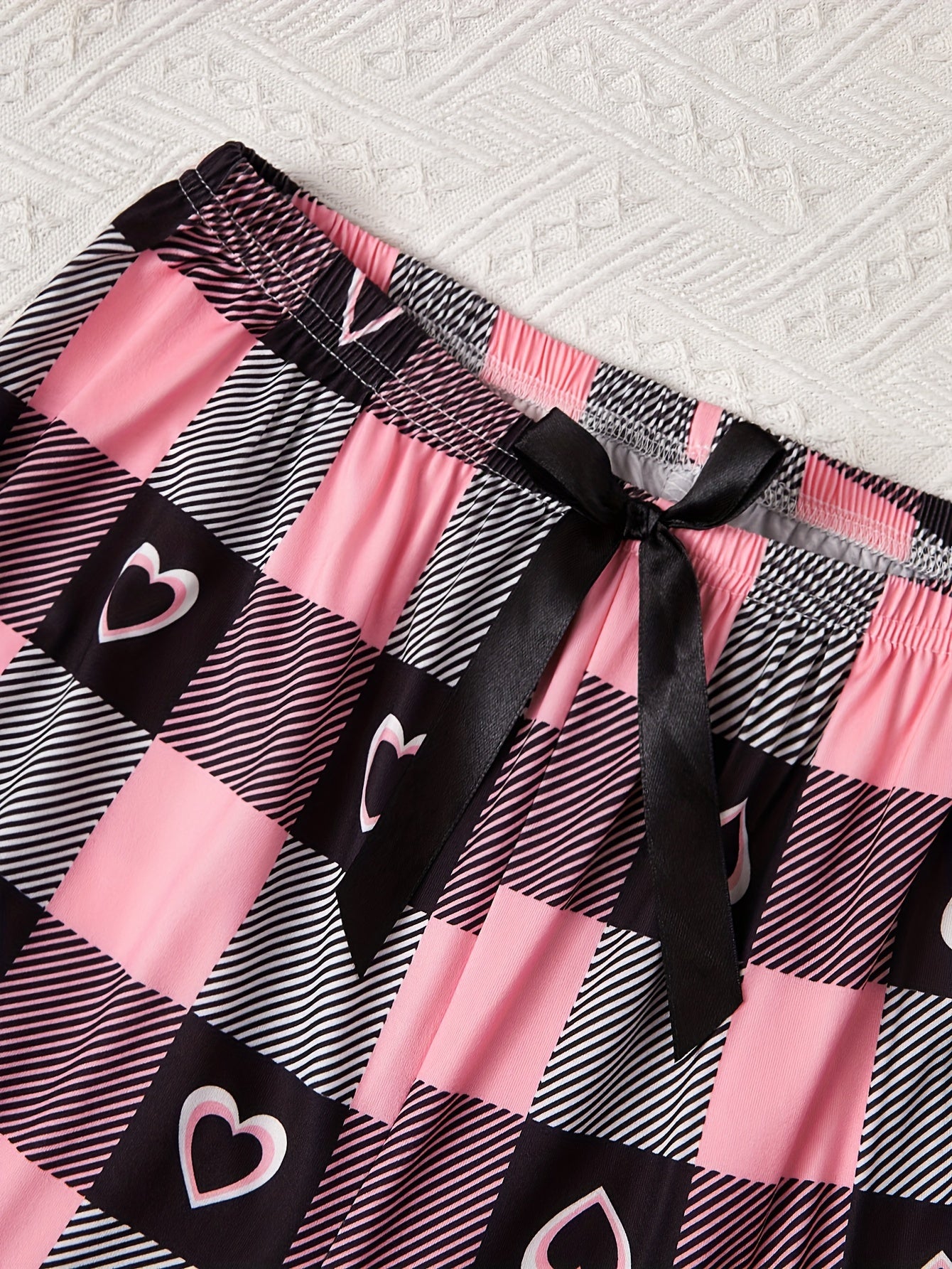 Adult Romantic Love Print Pajama Set with Short Sleeve Top Plaid Shorts and Long Pants