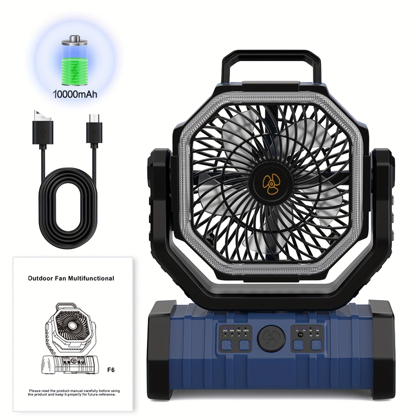 Portable Camping Fan with Wall Mount, Rechargeable USB Battery, Strong Wind
