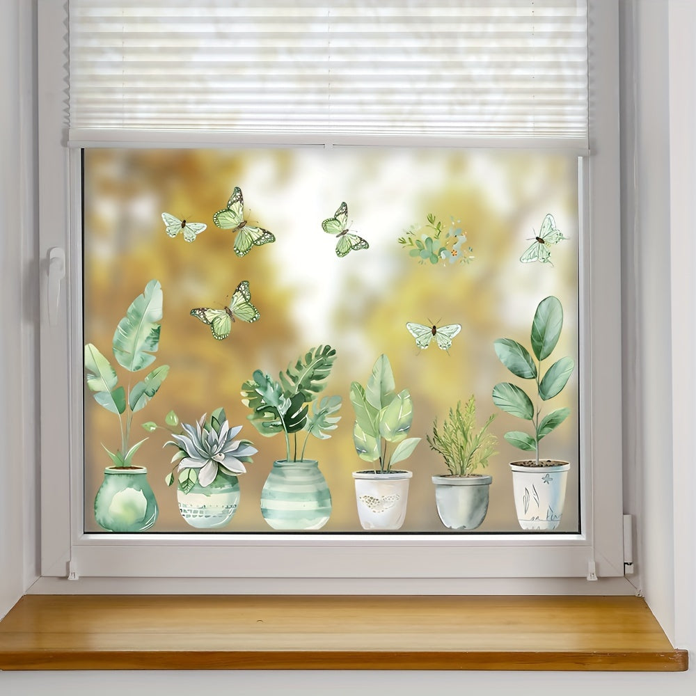 Fresh Green Potted Plant Decal for Glass Doors Windows Home Decor