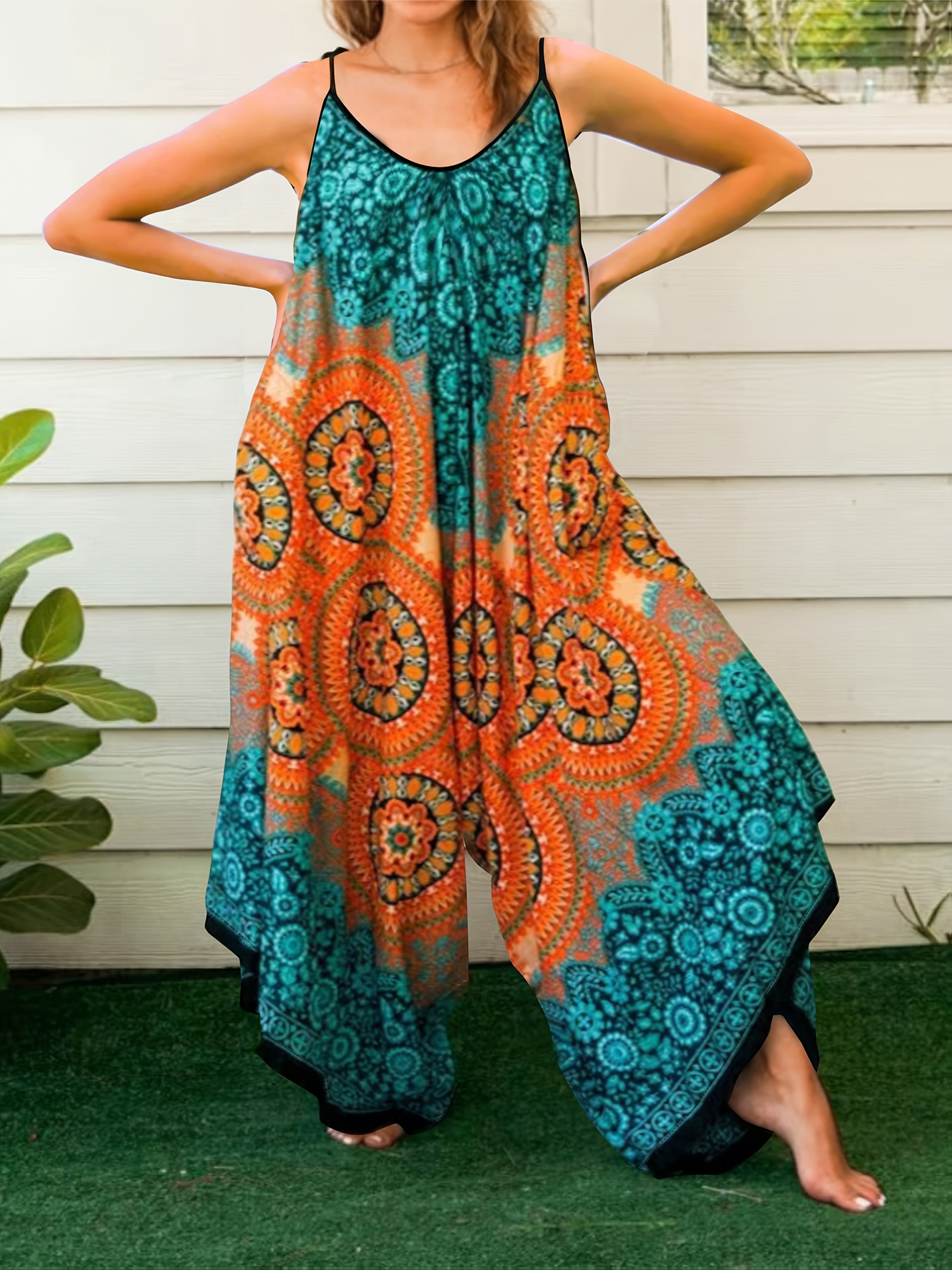 Plus Size Floral Print Sleeveless Jumpsuit Wide Leg Casual Womens Clothing