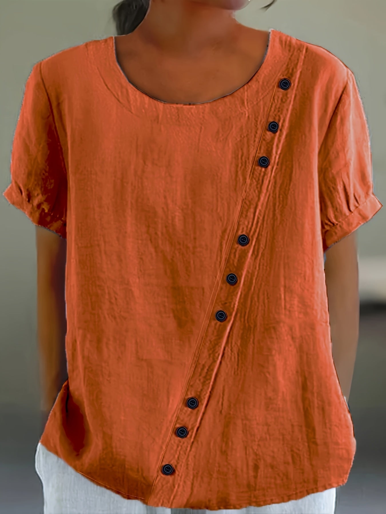 Plus Size Women's Casual Shirt Loose Fit Orange Button-Up Short Sleeve Blouse