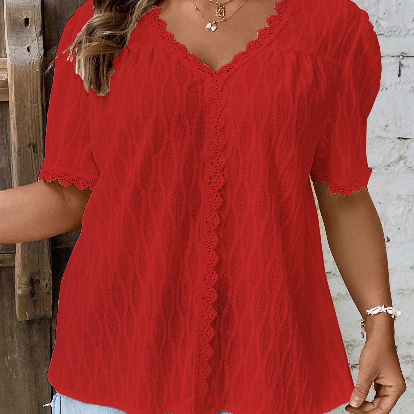 Women Plus Size Lace Top V-Neck Ruffled Sleeve Green Casual Blouse