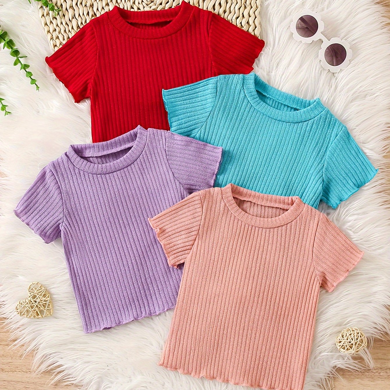 Детские летние футболки с коротким рукавом из рибаны однотонные, упаковка из 4