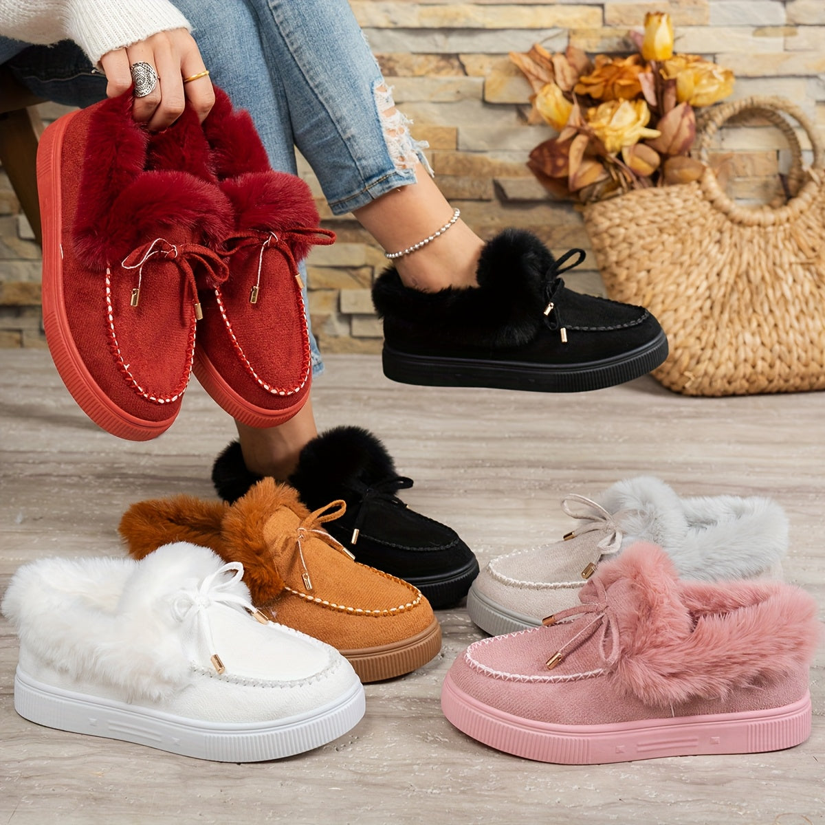 Women's Faux Fur-Lined Winter Loafers Slip-On Shoes with Leopard Print