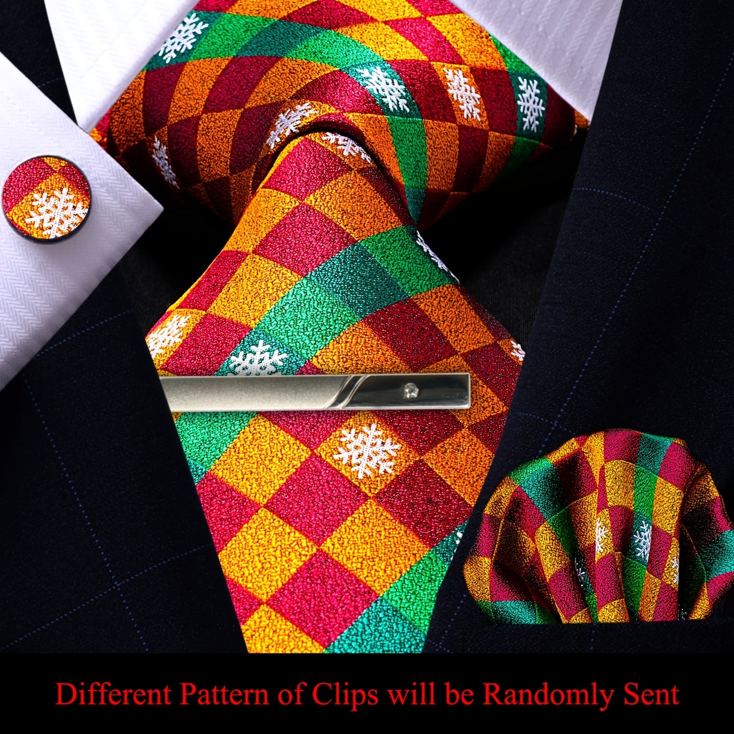 Men's Plaid Tie Pocket Square Cufflinks and Clip Set