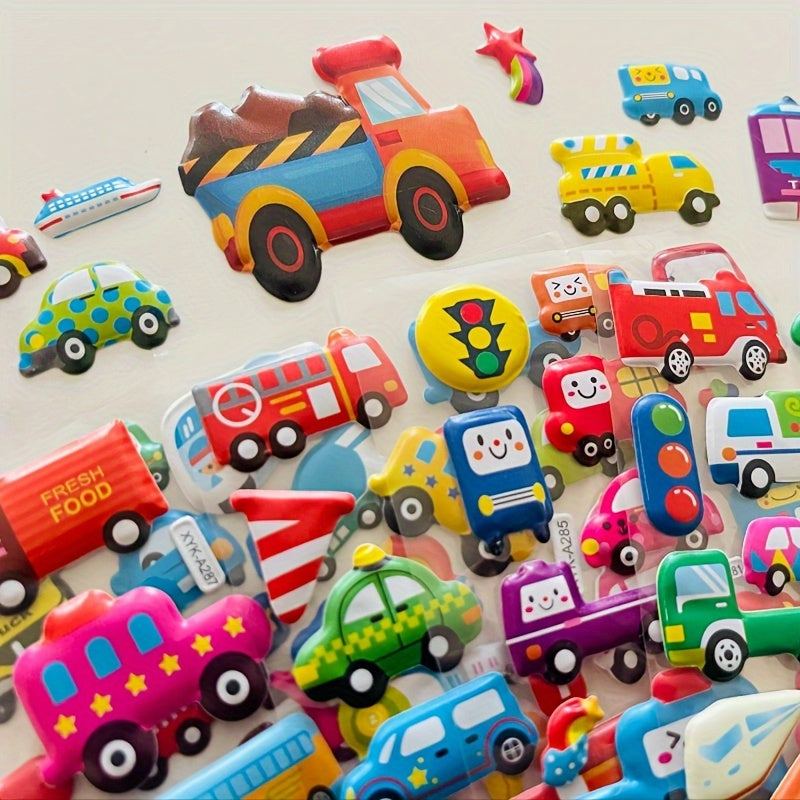 Set of 8 Cartoon Vehicle Stickers with 3D Stereoscopic Cars Fire Trucks and Excavators for Kids