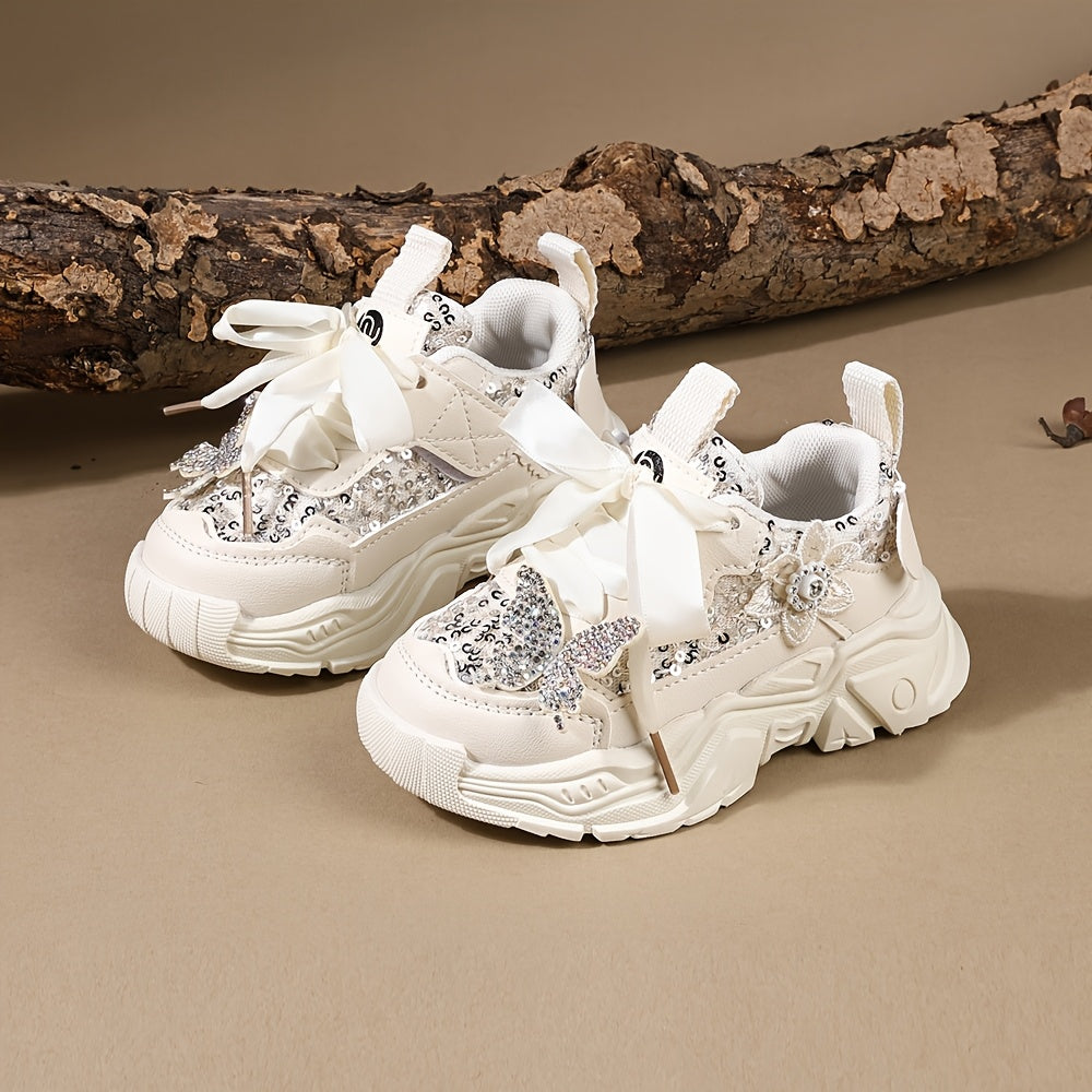 Girls' Casual Sneakers with Rhinestones and Butterfly Bow Lightweight Soft for Spring and Fall