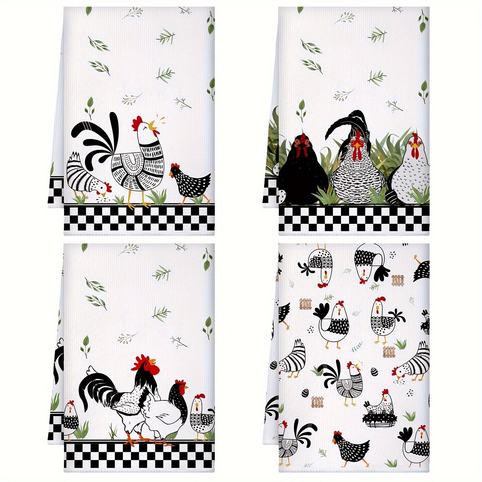 Buffalo Plaid Rooster and Hen Hand Towels for Farmhouse Kitchen Decor