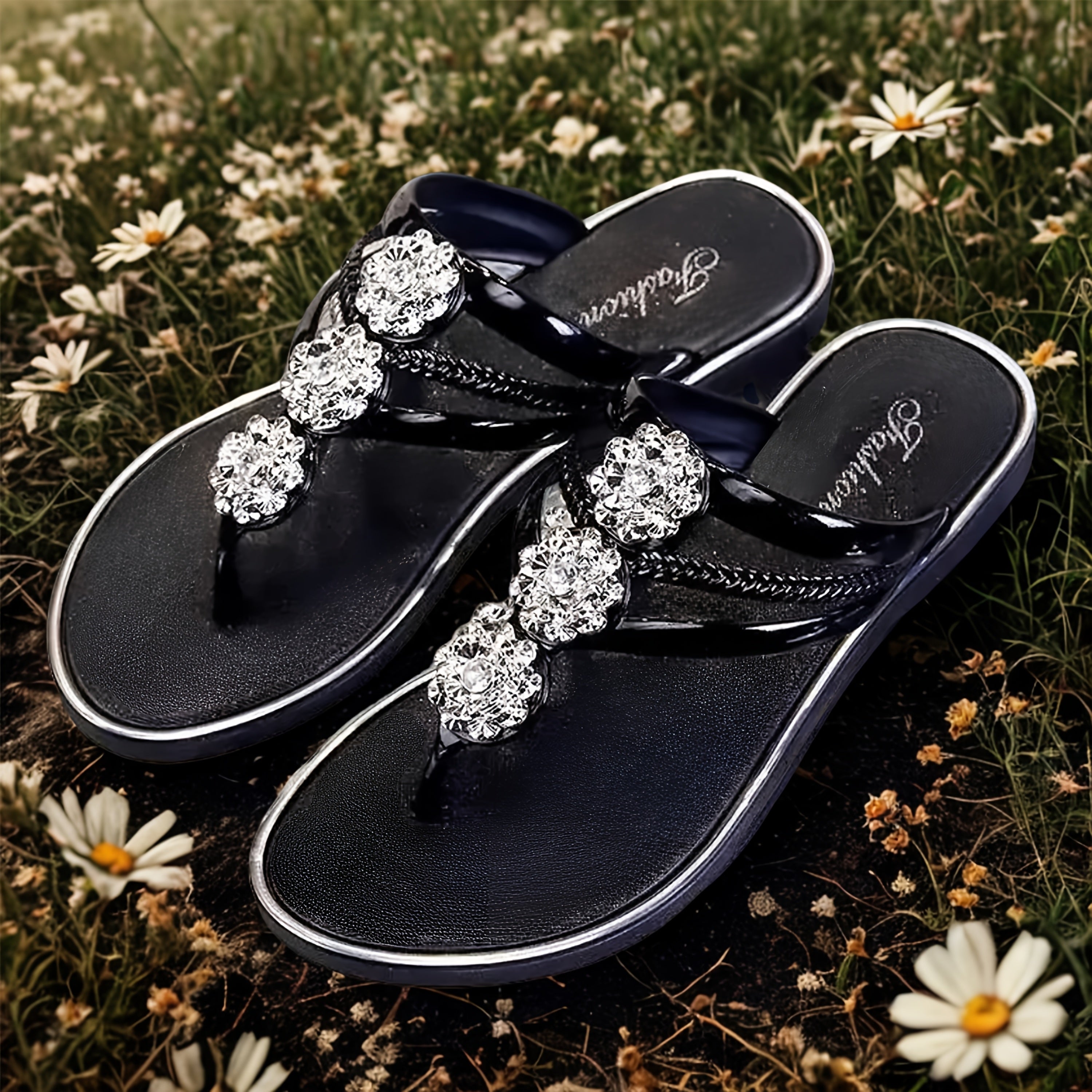 Women's Open Toe Rhinestone Flat Sandals for Beach and Casual Wear